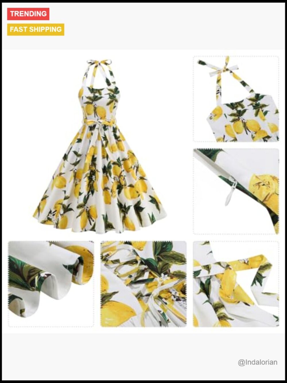 Women's 1950s Retro Halter Belted Midi Swing Dress with Side Pockets - Picture 5 of 7